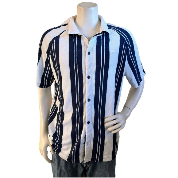 Fabletics Men’s Sz L Island Terry Button Up Navy Striped Retro Cabana Beach Wear - Picture 3 of 10